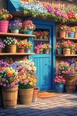 A vibrant display of colorful flowers in pots around a blue door, creating a cheerful and inviting atmosphere.