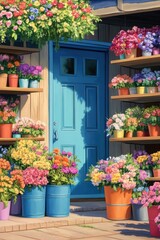 A vibrant display of colorful flowers outside a charming blue door, creating a cheerful and inviting atmosphere.