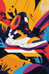 Obraz premium Vibrant basketball sneaker with bold colors, set against an abstract, colorful background full of dynamic shapes.