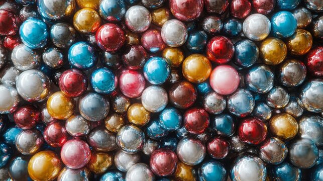 Multicolored glass and chrome balls scattered randomly in 3D.