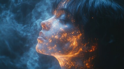 A woman stands in serene repose, her face illuminated by shimmering cosmic patterns while wisps of ethereal smoke swirl around, creating a magical atmosphere