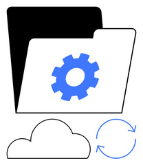 Folder with blue gear icon, cloud outline, and refresh symbol. Ideal for cloud storage, settings, data management, file synchronization, tech services system updates information security. Line