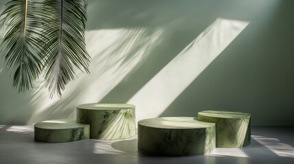 Pistachio podiums with palm leaf shadows for a natural studio design