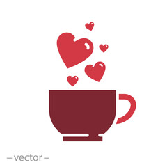 cup with red hearts icon, love for hot drink, concept of valentines day, lovers drinking, flat web symbol, vector illustration