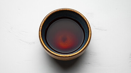 A minimalist composition of a ceramic bowl with golden edges, holding rich burgundy wine, isolated against a bright white surface,