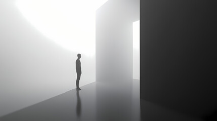 Obraz premium A person standing in the middle of an open, black-and-white room, symmetrical, minimalistic, foggy, liminal space, monochromatic, cinematic, and hyper-realistic. Liminal. Illustration