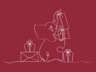 Elephant with gifts drawn in one line on the red background. Design for Christmas game White elephant. Cute holiday vector illustration.