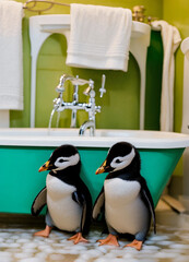 two cute penguins swimming in a bathtub located in the middle of a bathroom