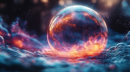 Fototapeta premium An enchanting translucent orb floats above a dynamic sea of colorful bubbles, illuminating the surrounding space with its radiant energy and warmth