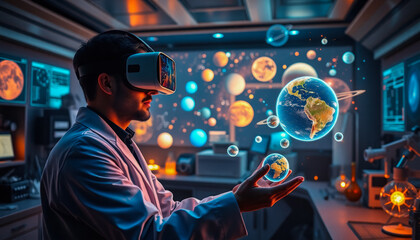 Fototapeta premium A young man Astronomer in a VR headset immersed in a virtual space simulation featuring stars, galaxies, and planetary systems.