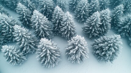 Winter Wonderland: Drone Shot of Snow-Covered Evergreen Trees After a Blizzard