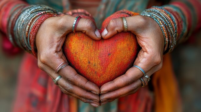 Decorative hands form a heart with bright fabric, radiating warmth and affection. This captivating display highlights cultural richness and connection