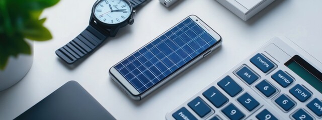 various gadgets powered by miniature solar panels (power bank, watch, calculator)