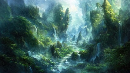 Obraz premium Lush green valley with waterfalls cascading down rocky cliffs, sunlight filtering through the misty atmosphere.