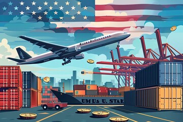 Illustration of Import and Export of Goods from the United States: Concept of Trade, Tariffs, and Global Economy.