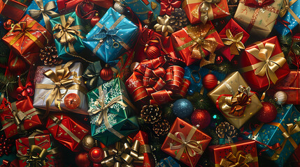 Fototapeta premium Pile of Christmas Presents with Festive Decorations