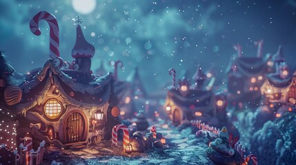 Snowfall over a charming village with illuminated rooftops at night