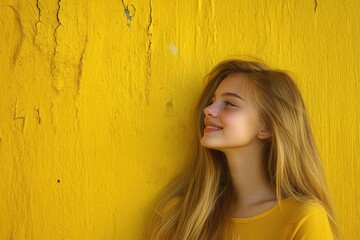 Fototapeta premium Charming Young Woman with Long Blonde Hair Smiling Against Vibrant Yellow Textured Wall