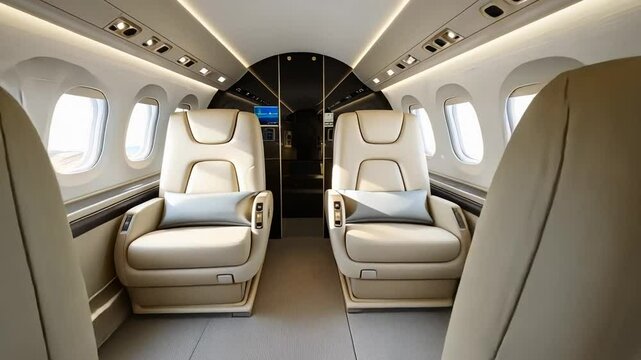 Luxurious private jet interior featuring plush cream leather seats, ideal for business travel or holiday getaways