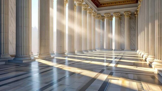 Sunlight streams through marble columns of an ancient Greek temple, evoking history and classical architecture