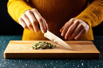 Female adult chopping fresh herbs on wooden cutting board