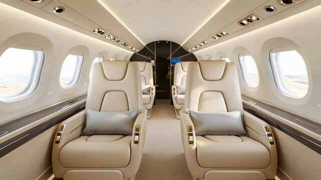 Luxurious private jet interior featuring plush leather seats, ideal for business flights and luxury travel