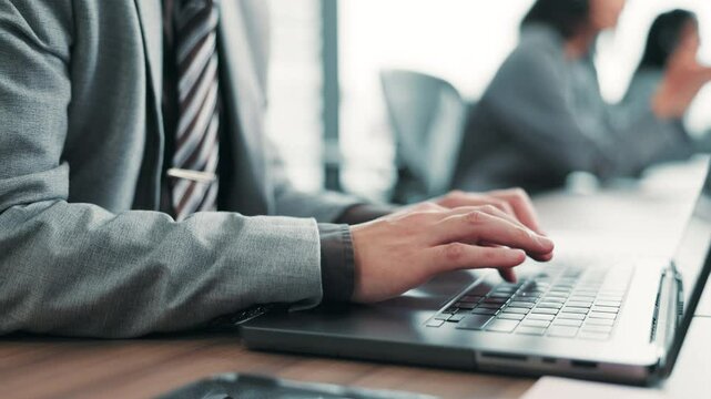 Hands, finance and man with laptop, typing and internet with investment advisor, trading and email. Japan, employees and consultant pc, keyboard and research for stock market, closeup and connection