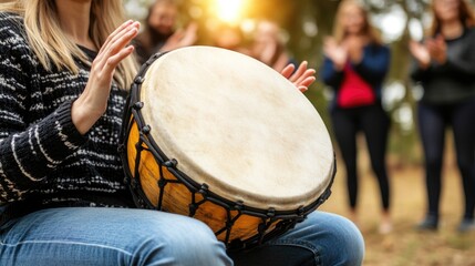 Caucasian female playing djembe in outdoor drumming circle at sunset