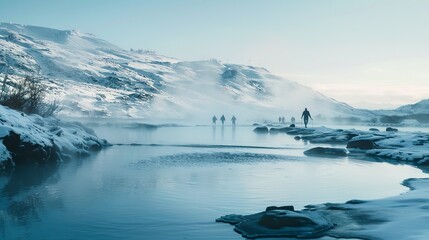 Fototapeta premium Winter geothermal pool with people enjoying the warm water