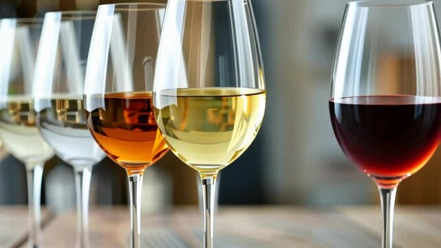 A selection of colorful wine glasses lined up on a wooden table, perfect for celebrations and wine tasting events