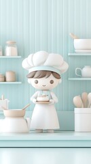 Adorable Cartoon Baker in Pastel Kitchen Holding Cake with Delightful Expression