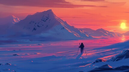 Lone skier at sunset on a snowy mountain landscape