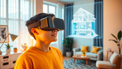 A man using a VR headset to visualize and interact with a virtual home design model in a modern living room.