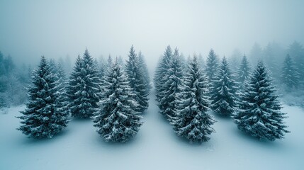 Naklejka premium Winter Wonderland: Drone Shot of Snow-Covered Evergreen Trees After a Blizzard