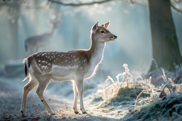 A close-up of a young deer with small antlers, looking directly at the viewer against a soft winter forest background with snowflakes

