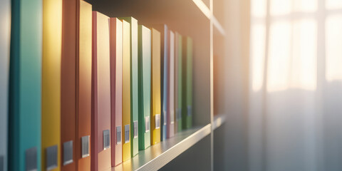 Obraz premium Bookshelf with colorful file folders. Open shelf in minimalist interior background, accounting, document storage, archive. 