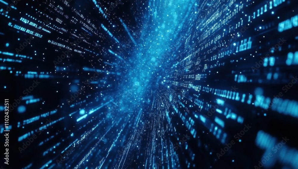 Poster blue binary code background with data and technology, illustration of falling numbers on a dark blue