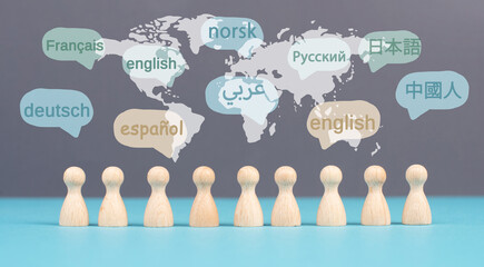 Languages and world map, speech bubble with different mother tongue language spoken worldwide, multilingual business and community