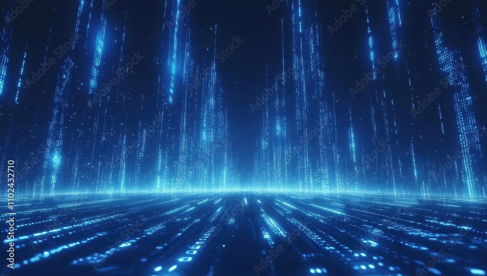 Poster blue binary code background with data and technology, illustration of falling numbers on a dark blue