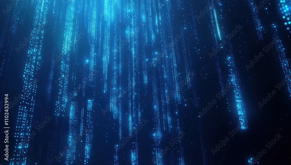 Poster blue binary code background with glowing data flowing down, a technology and computer digital screen