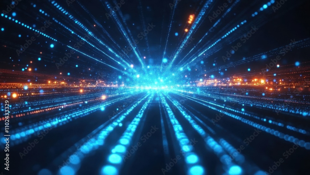 Poster blue binary code background with glowing data and pixels on a dark blue digital wallpaper generative