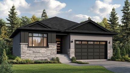 Naklejka premium Modern Suburban Home Charming New Build with Stone Facade, Light Gray Siding, and Garage