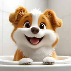 Cartoon dog with a big smile sitting in a white bathtub