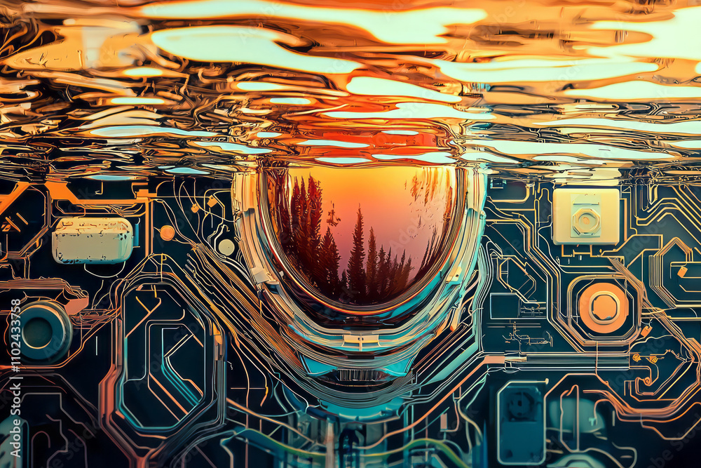 Poster An abstract composition featuring a futuristic circuit board design with intricate lines and geometric elements.