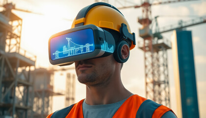 An engineer wearing AR glasses, analyzing a virtual bridge hologram in an outdoor construction setting.