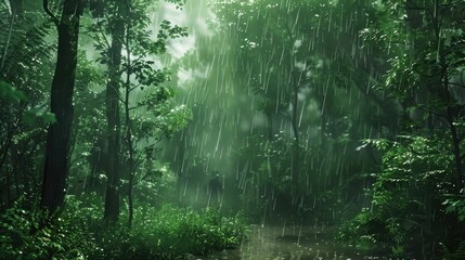 Lush Forest in Heavy Rainstorm with Vibrant Mist and Water Droplets for Nature Themes