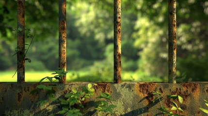 A close-up shot of a rusty fence with patches of greenery in the blurred background, emphasizing the fusion of decay and nature. AI generated.
