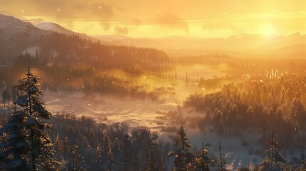 Golden sunrise over misty forested valley in autumn.
