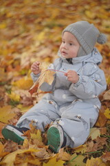 Little boy playing in autumn park. Child on yellow fallen leaves on a sunny autumn day.