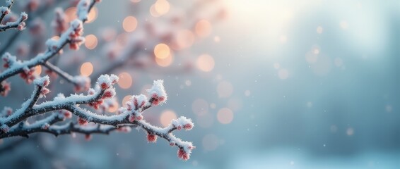 Parts of the branches are covered with frost on a delicate background.